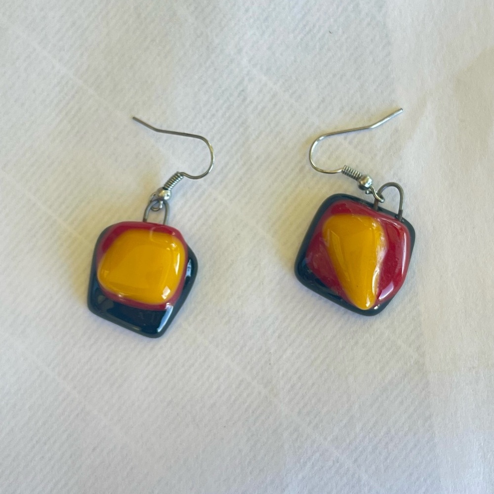 Vintage Artisan Handmade Fused Glass Earrings Red Black and Gold